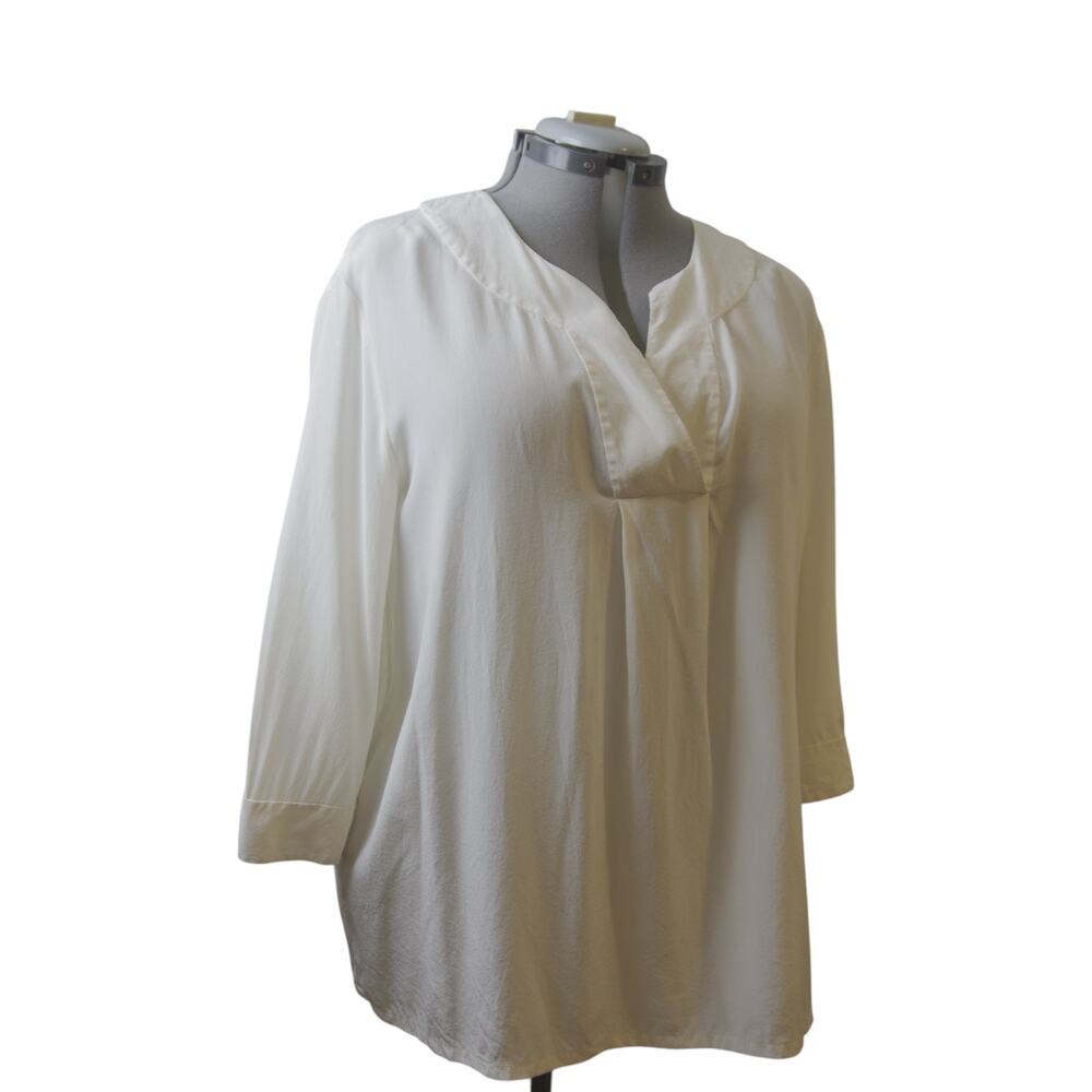 J. Jill White 100% Silk Blouse XL Split Neck 3/4 Sleeve Quiet Luxury